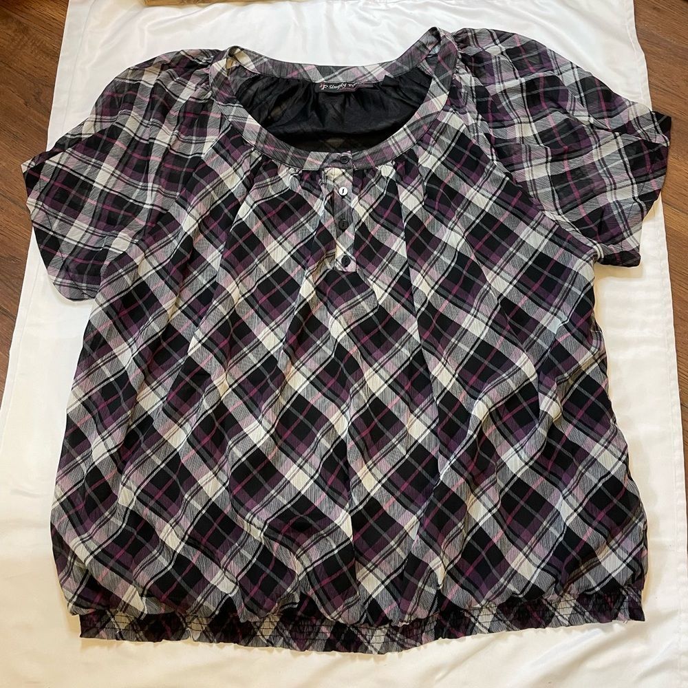 Simply French size 2X purple/black plaid blouse